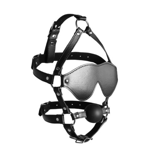 Ouch! Blindfolded Head Harness with Solid Ball Gag - Black from Nice 'n' Naughty