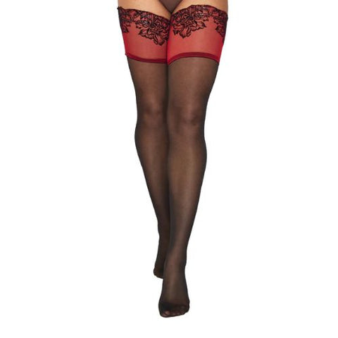 Pamela Mann Sheer Hold Ups w Luxury Flocked Lace Black/Red from Nice 'n' Naughty